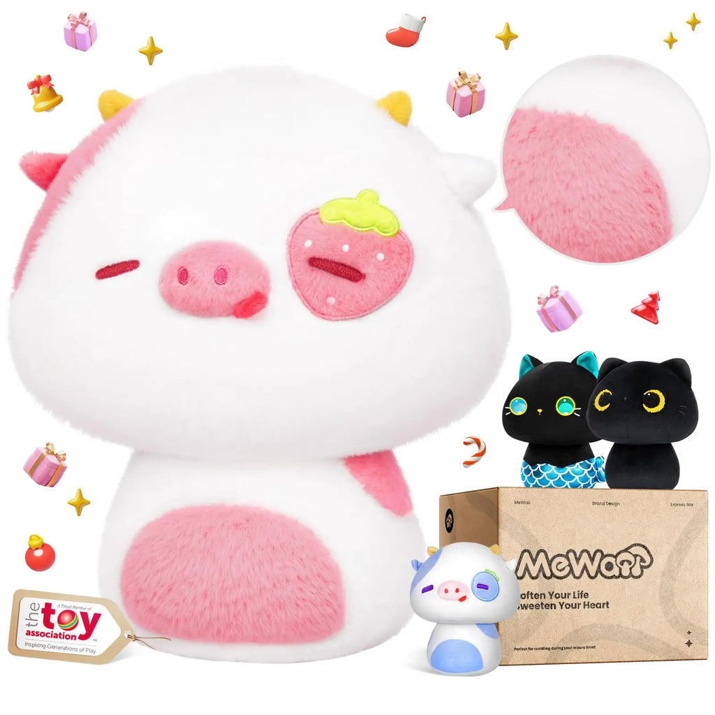 Mewaii Squishy Cloud-Like Softness Trending Kawaii Strawberry Cow Mushroom Plush Pillow A Must-Have Collectible for Young Adults Perfect for Kids Toddlers Girls Stuffed Animal (14")